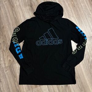 Adidas Black Hooded Tshirt with Blue and Yellow Lettering boys XL